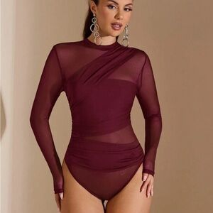 SHEIN Wine Red Mesh Long Sleeve Bodysuit